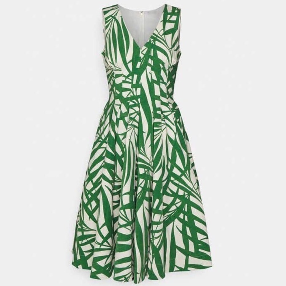 Kate Spade Palm Fronds Amelia Sz 12 Skater Dress Green Sleeveless V-Neck Pleated - Picture 3 of 11